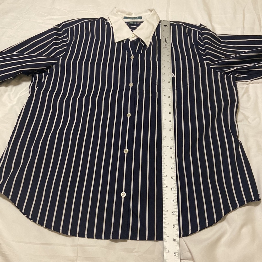 Ralph Lauren VTG Cuff & Collar Button-Up 3/4 Sleeve Shirt Navy/White Stripe SZ L - Picture 8 of 11